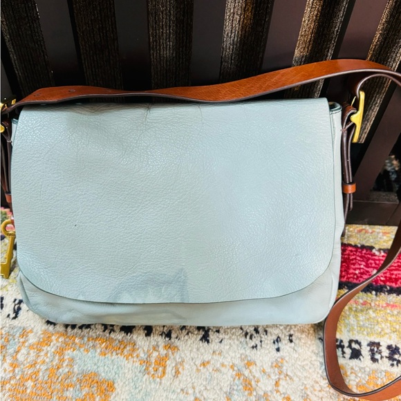 Vintage FOSSIL Harper Small Flap Leather Crossbody Teal Brown Saddle Bag Flaw - Picture 7 of 7